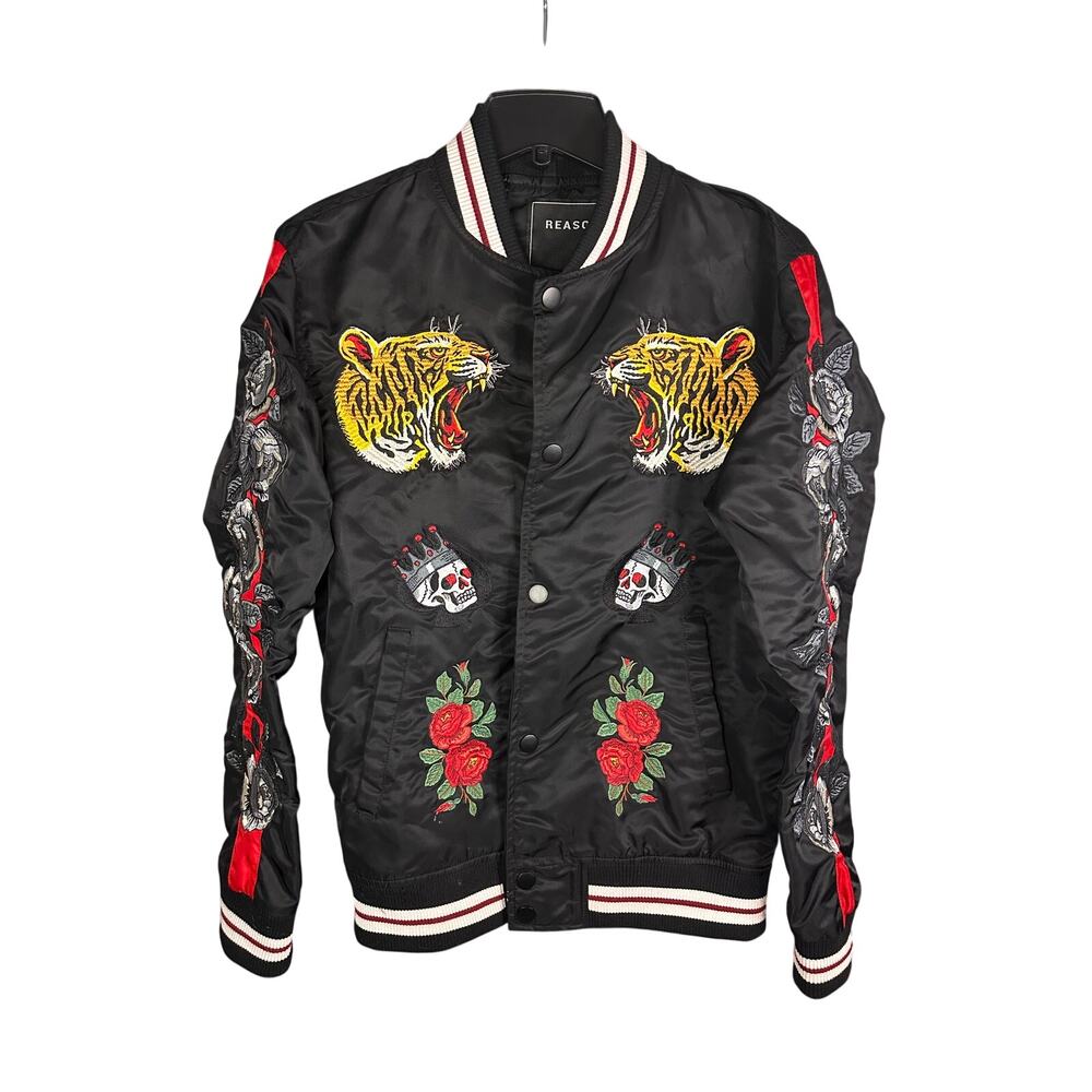 Reason Clothing tiger, rose, and snake embroidered bomber jacket Black SIze S